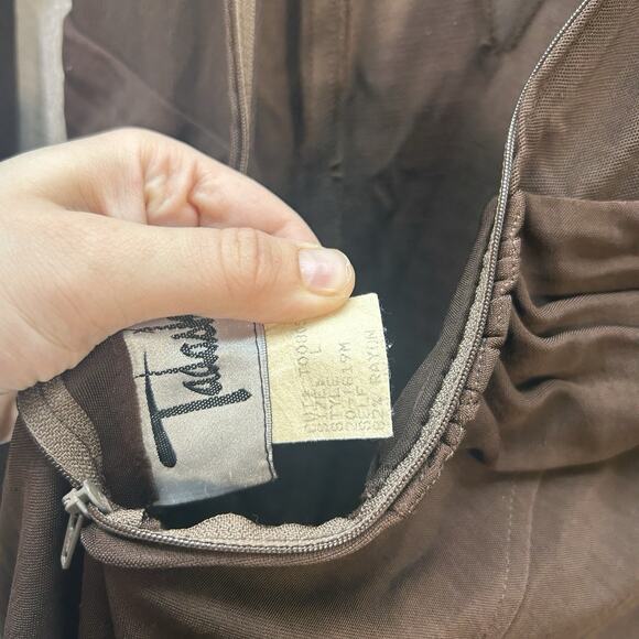 Vtg Tadashi Shoji Brown Long Mesh Sheer Sleeves Dress Formal Evening Gown SZ L - Picture 15 of 16